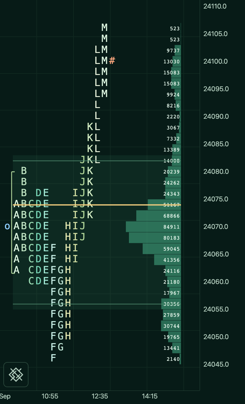 Emerald zoomed close-up of the newest daily TPO profile at 18-pixel rows, with period letters, volume, open and latest-price markers; the session is split