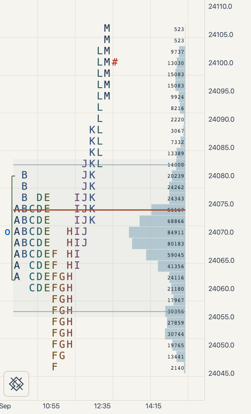 Ivory zoomed close-up of the newest daily TPO profile at 18-pixel rows, with period letters, volume, open and latest-price markers; the session is split